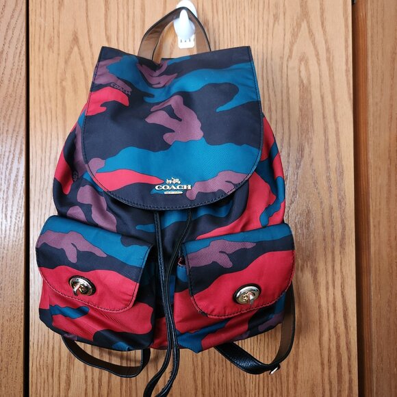 RARE Coach nylon backpack/daypack F11848 in colorful camo with leather straps - Picture 1 of 14